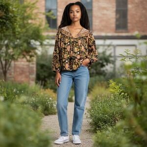 Rachel Zoe Floral Peasant Blouse S Black Pink Yellow Embroidered Boho V-Neck Top
